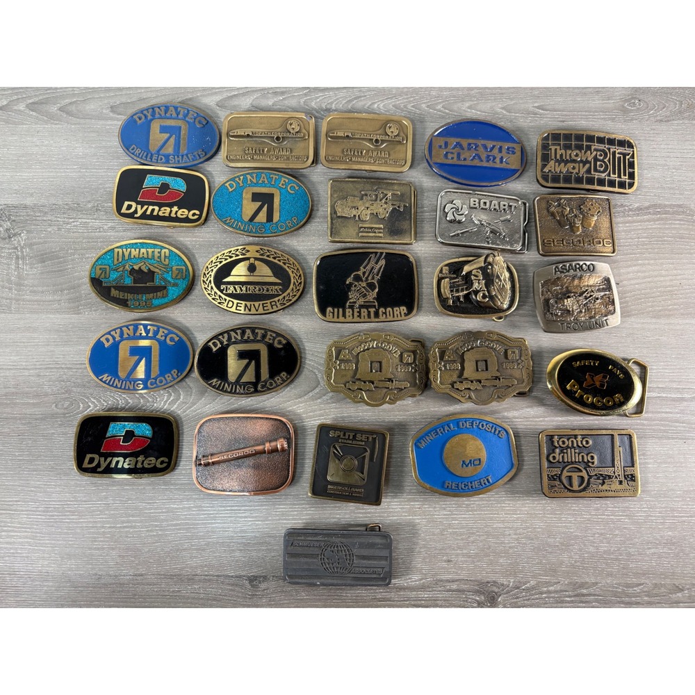 Vintage Mining Belt Buckle Lot 26pc Dynatec Tamrock Secoroc Industrial Drilling